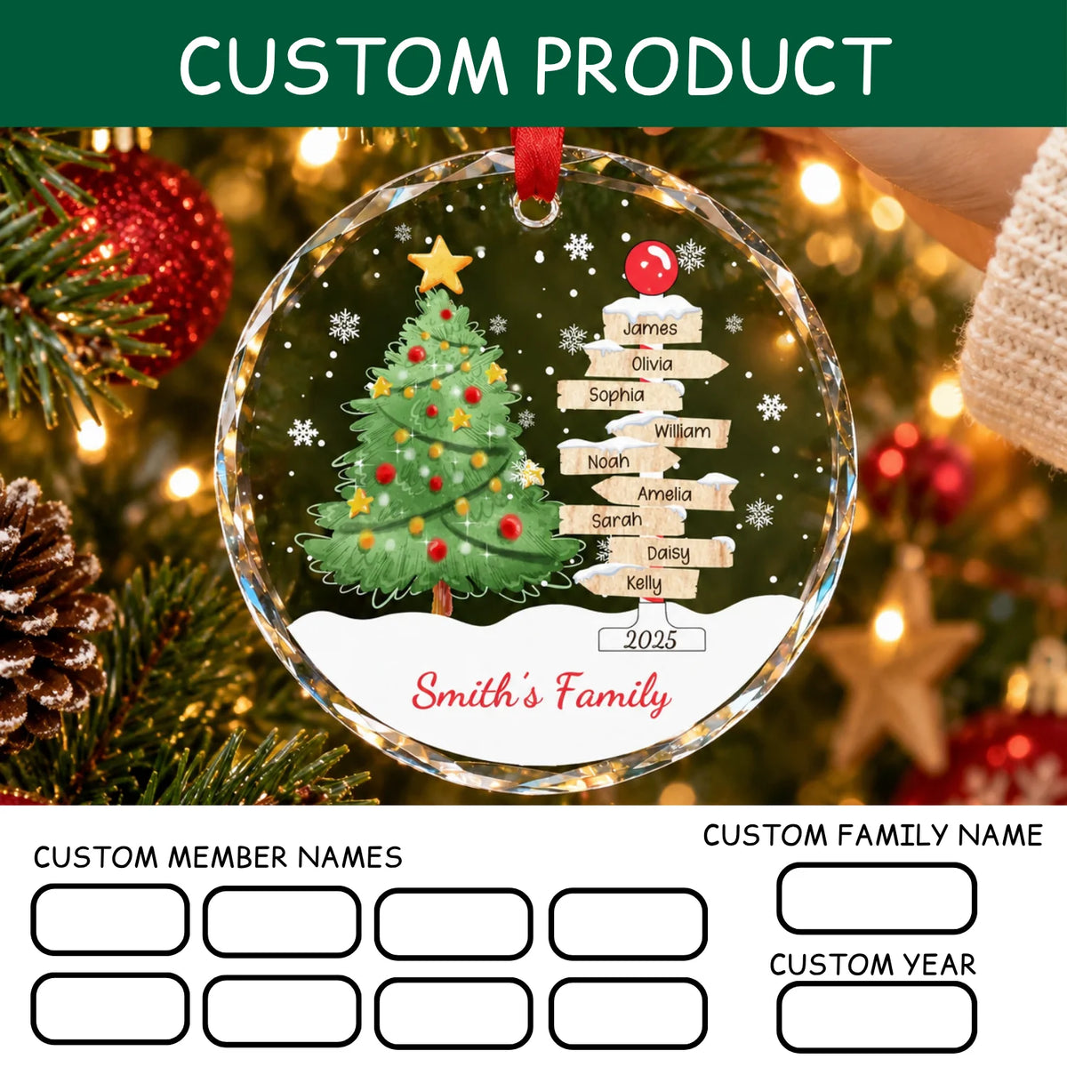 Custom Family Christmas Ornament - Personalized Glass Ornament with Member Names