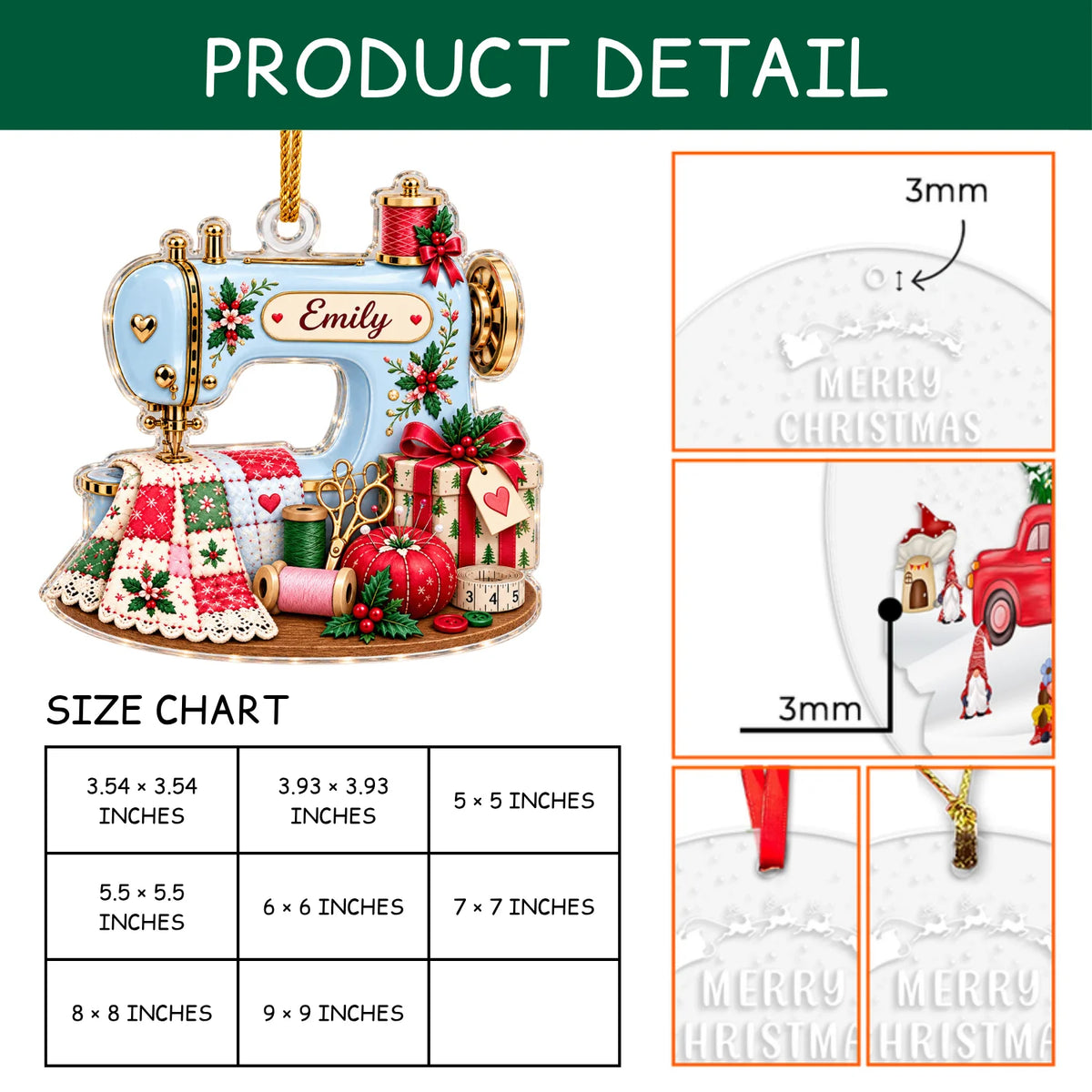 Personalized 2D-Flat Sewing Machine Design Ornament - Custom Acrylic Ornament for Seamstress