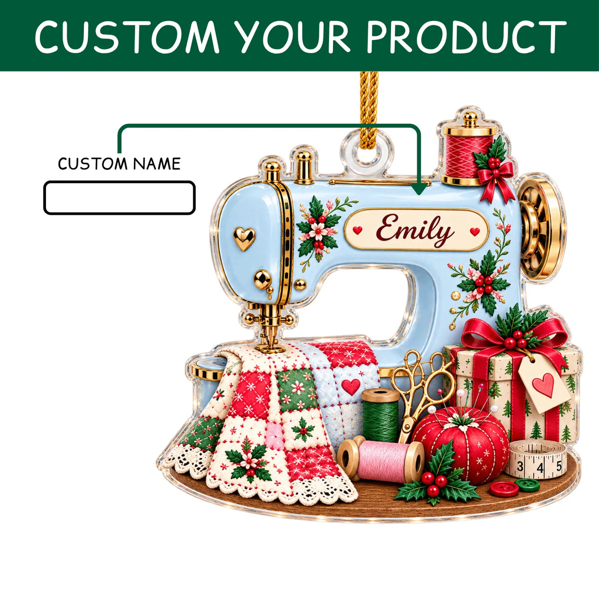 Personalized 2D-Flat Sewing Machine Design Ornament - Custom Acrylic Ornament for Seamstress