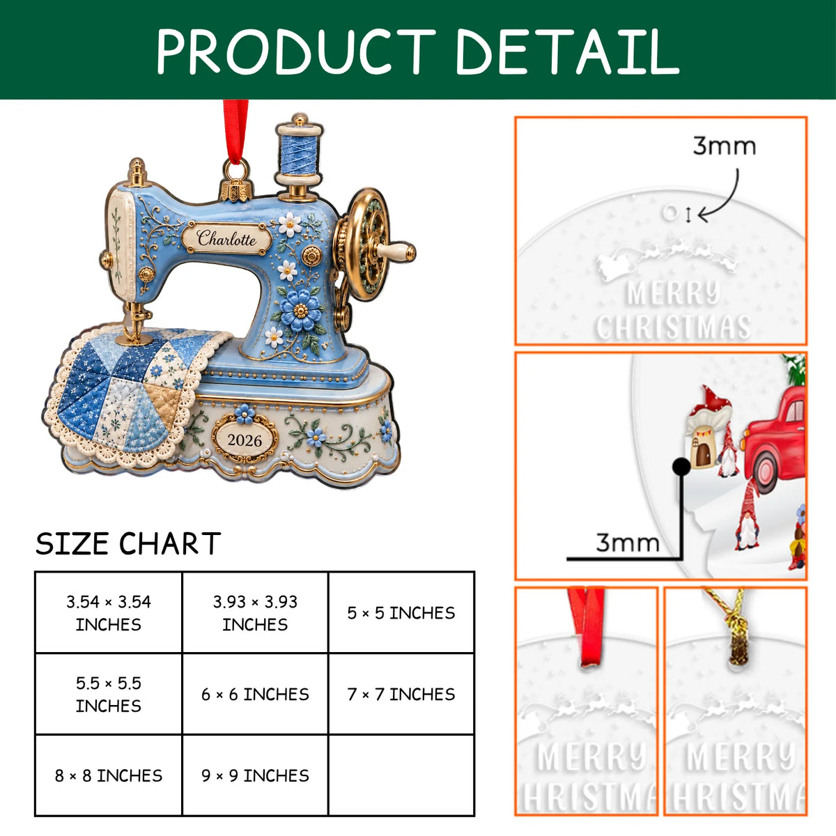 Personalized 2D-Flat Sewing Machine Ornament - Custom Acrylic Ornament for Quilter Seamstress