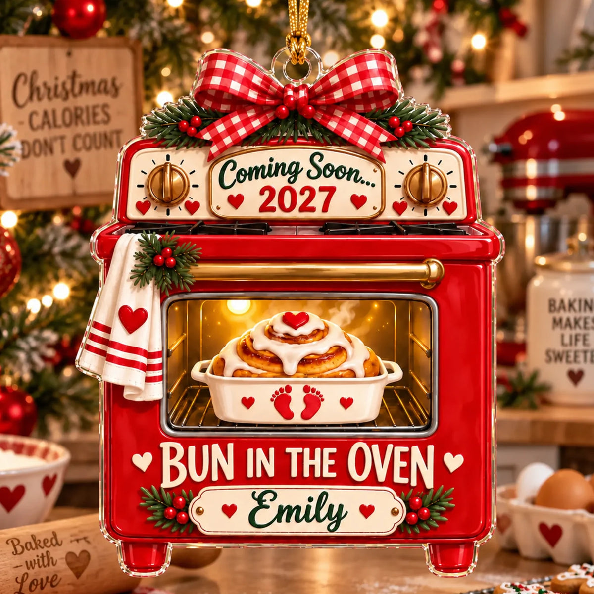 Personalized 2D-Flat Bun In The Oven Ornament - Custom Acrylic Pregnancy Announcement Christmas Ornament