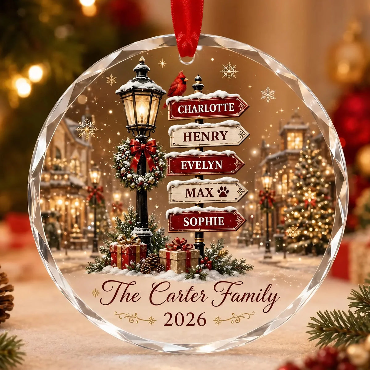 Custom Family Snowy Background Christmas Ornament - Personalized Family Member Names