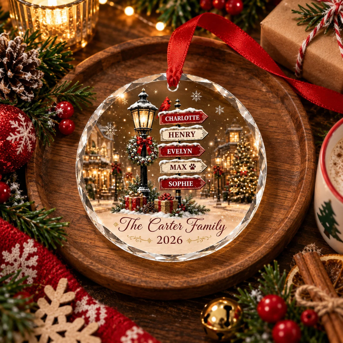 Custom Family Snowy Background Christmas Ornament - Personalized Family Member Names