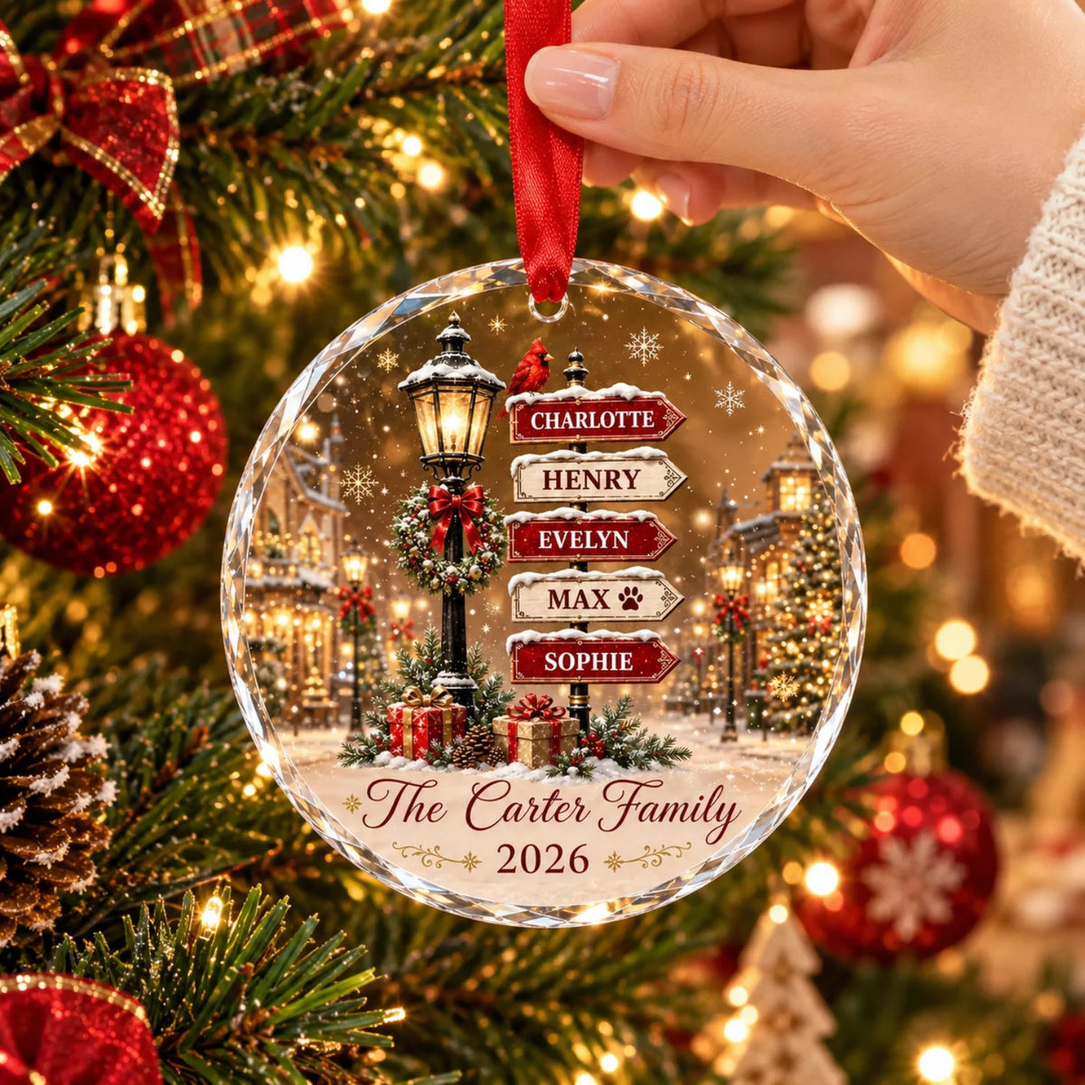 Custom Family Snowy Background Christmas Ornament - Personalized Family Member Names