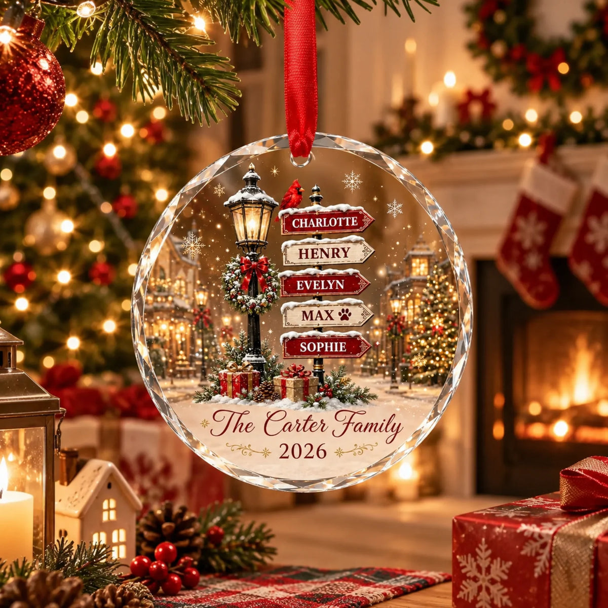 Custom Family Snowy Background Christmas Ornament - Personalized Family Member Names