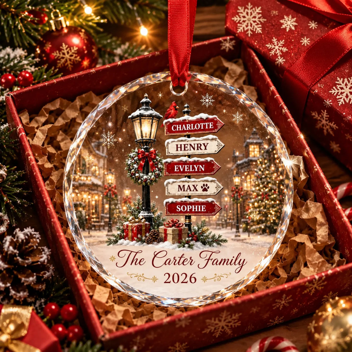 Custom Family Snowy Background Christmas Ornament - Personalized Family Member Names
