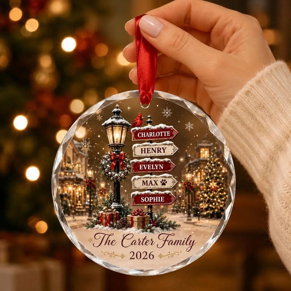Custom Family Snowy Background Christmas Ornament - Personalized Family Member Names