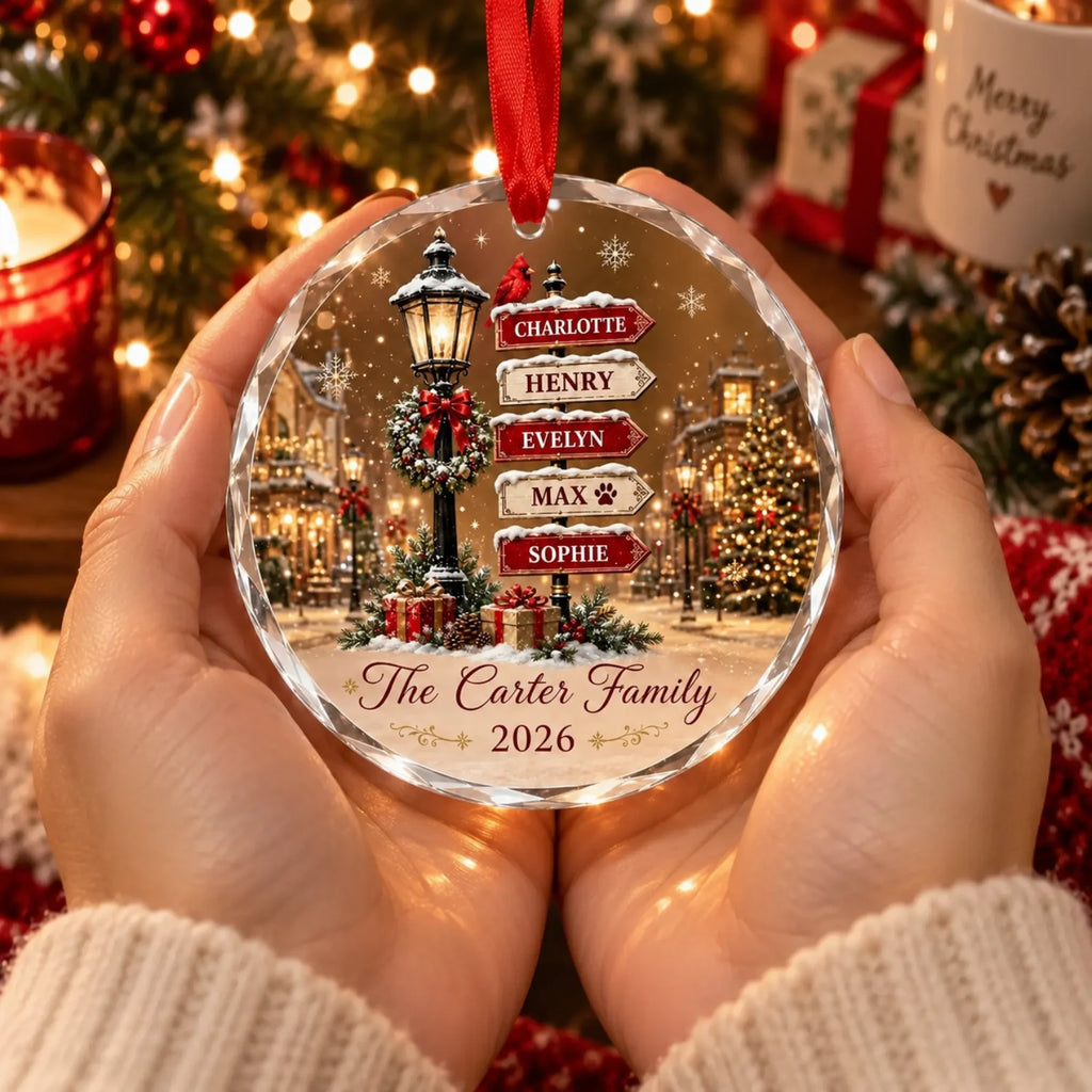 Custom Family Snowy Background Christmas Ornament - Personalized Family Member Names
