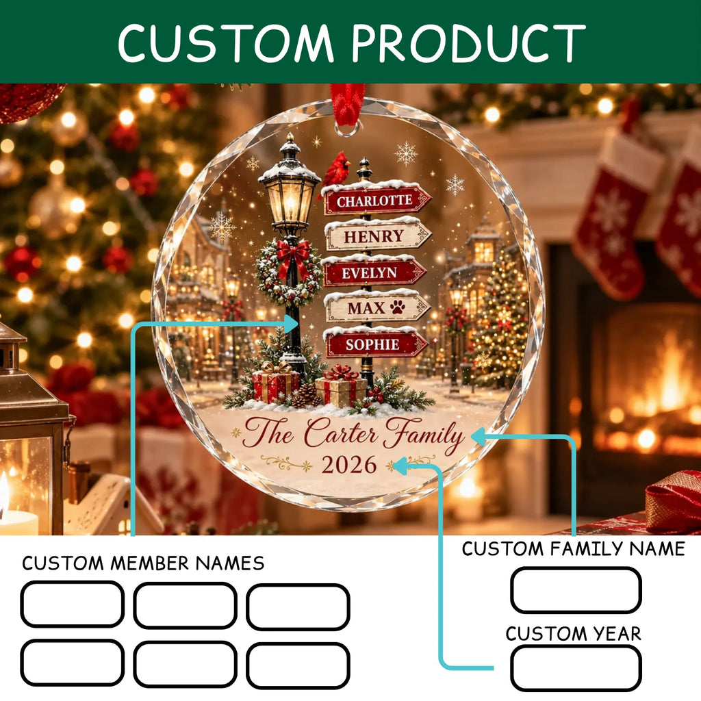 Custom Family Snowy Background Christmas Ornament - Personalized Family Member Names