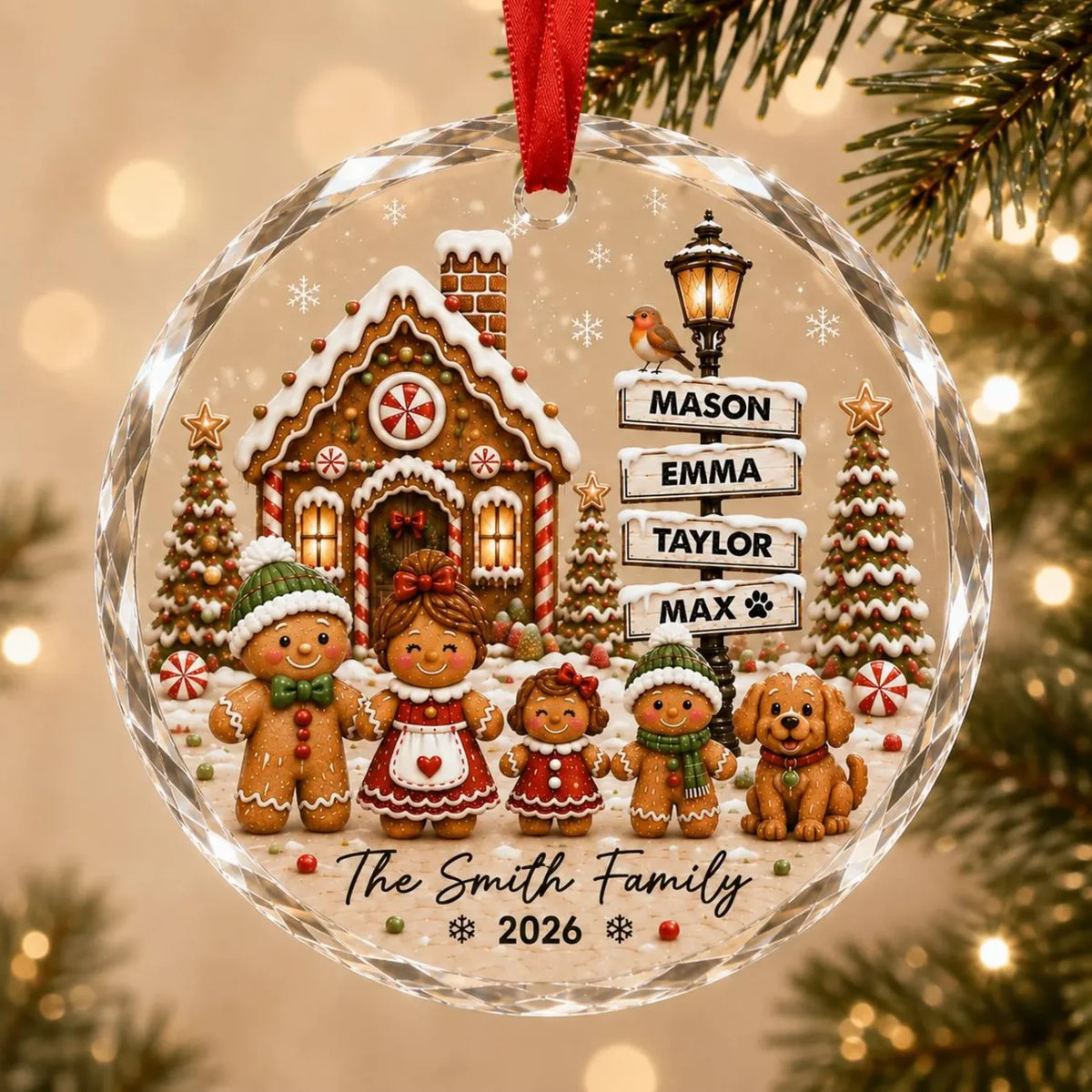 Custom Gingerbread Family Ornament - Personalized Glass & Ceramic Ornament with Family Member Names