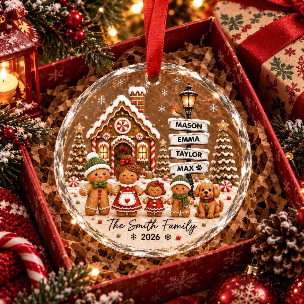 Custom Gingerbread Family Ornament - Personalized Glass & Ceramic Ornament with Family Member Names