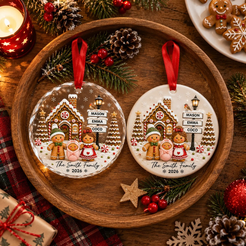 Custom Gingerbread Family Ornament - Personalized Glass & Ceramic Ornament with Family Member Names