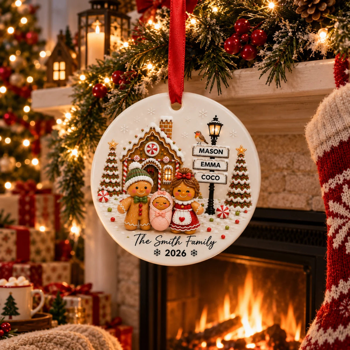 Custom Gingerbread Family Ornament - Personalized Glass & Ceramic Ornament with Family Member Names