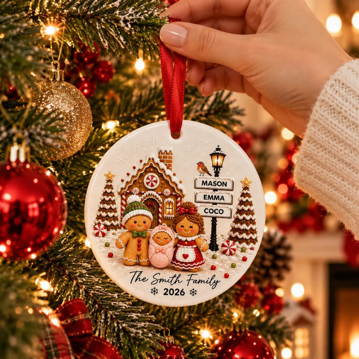 Custom Gingerbread Family Ornament - Personalized Glass & Ceramic Ornament with Family Member Names