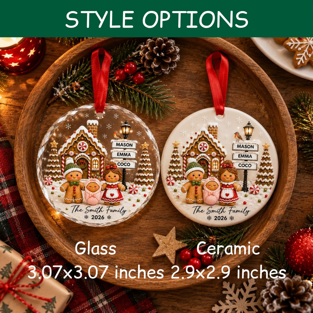 Custom Gingerbread Family Ornament - Personalized Glass & Ceramic Ornament with Family Member Names