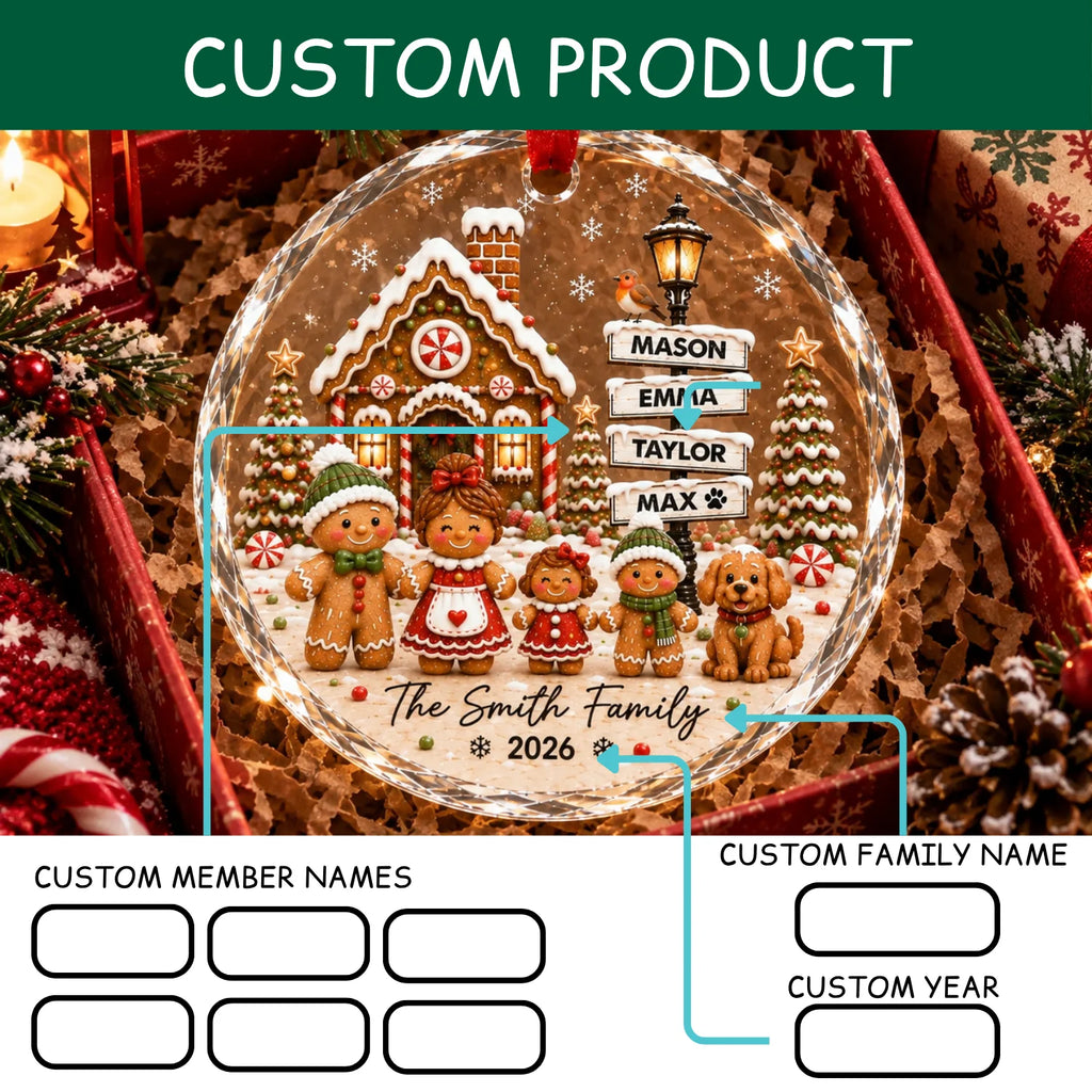 Custom Gingerbread Family Ornament - Personalized Glass & Ceramic Ornament with Family Member Names